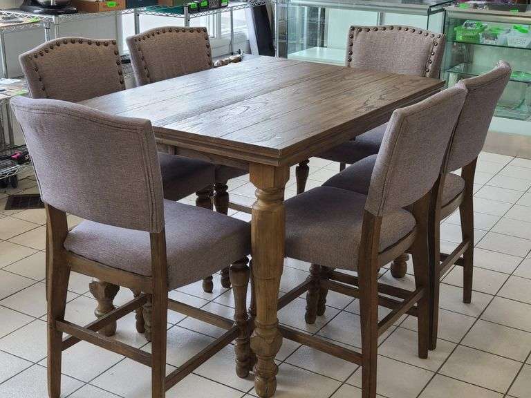 Bar Height Table with Built-In Leaf, 6) Chairs