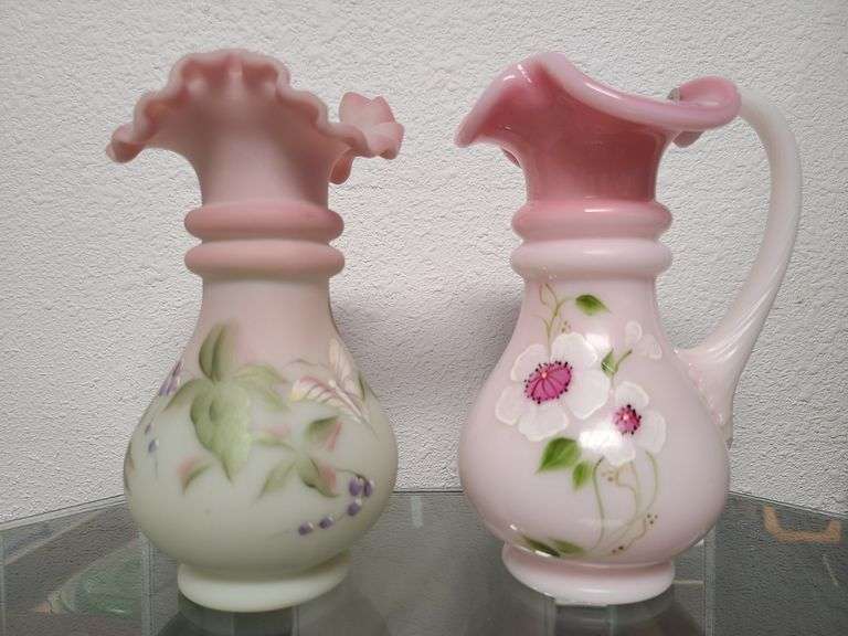 Fenton Glass Hand Painted Dogwood Flowers Vase, Lotus Mist Fenton Glass Vase
