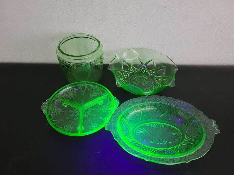 Uranium Glass Bowl, Ruffled Edges Uranium Bowl, Uranium Glass Divided Dish, Uranium Glass Cookie Jar