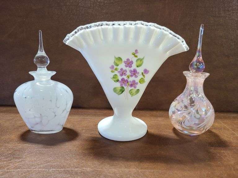 Fenton Fan Vase, 2) Perfume Bottles