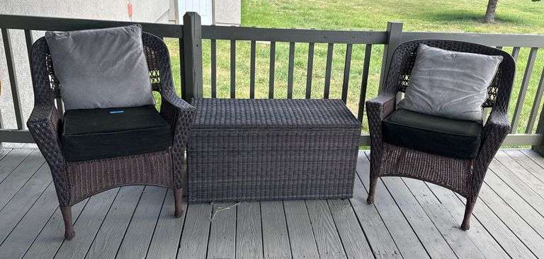 2) Outdoor Wicker Patio Chairs and Chest