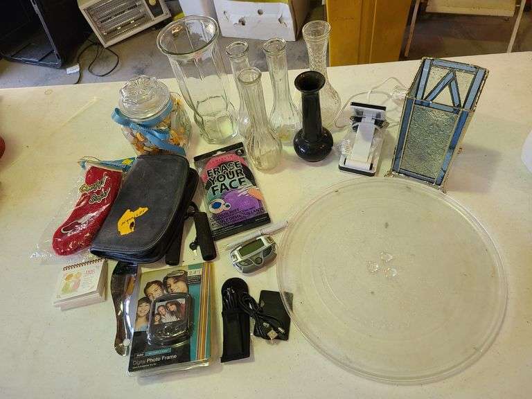Microwave Plate, Candle Holder, 6) Vases, Zippered Organizer, Digital Photo Frame, Glass Jar with Li