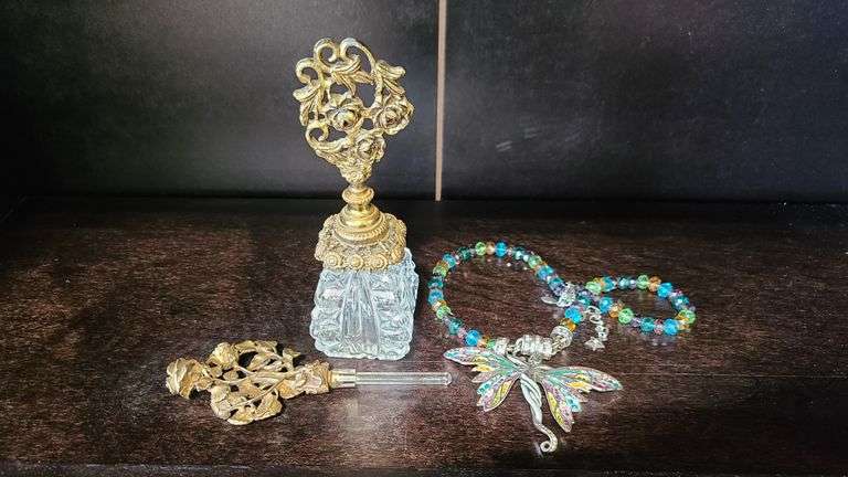 Ormolu Perfume Bottle, Matson Perfume Dobber, Kirks Folly Magnetic Fairy Necklace