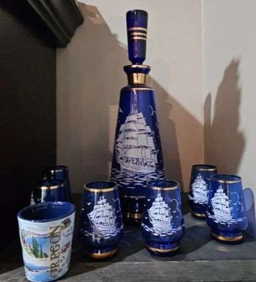 Bohemia Crystal Cobalt Blue Decanter Set with Shipping Motif