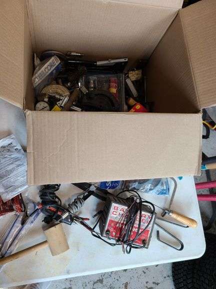 Battery Charger, Mallet, Saw, Glue Gun, Stud Sensor, Gauges, Rope, C-Clamp