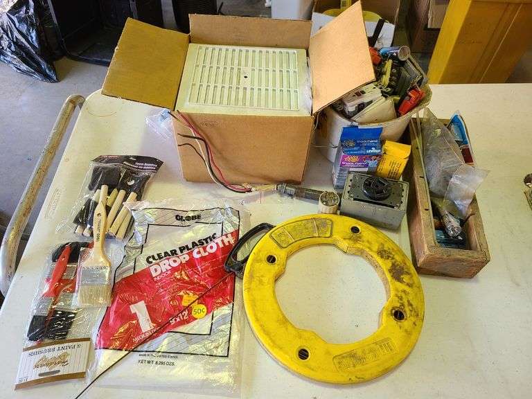 Plastic Drop Cloth, Paint Brushes, Tapemaster Fish Tape, Epoxy Putty, Nutone Exhaust Fan and More