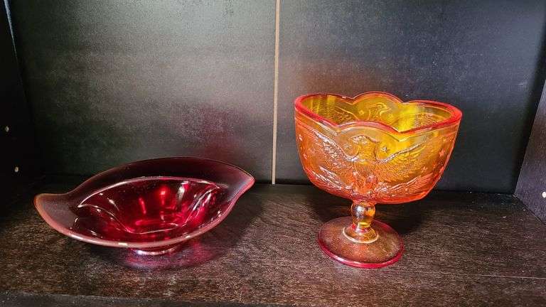 L.E. Smith Amberina Glass American Eagle Compote Dish (Glows), Viking Glass Ruby Divided Dish (Glows