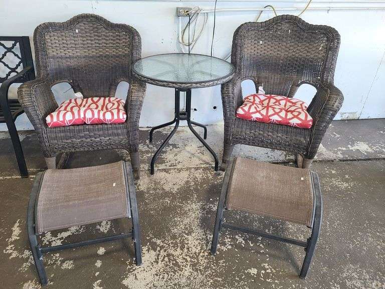 2) Wicker Patio Chairs, Patio Table, 2) Foot Rests