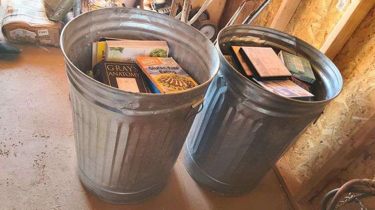 2) Trash Bins with Contents: Books, Audio Books