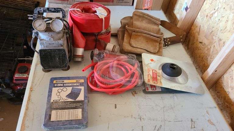 2) Tool Belts, 2) Water Hoses, 2) No Calk Vent Stack Roof Flashing, Siphon Pump, Vacuum Pump*