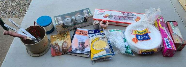 Foam Plates, Plastic Cutlery, Hefty Food Storage Bags, Latex Gloves, Jelly Server Set, Soda Can Disp