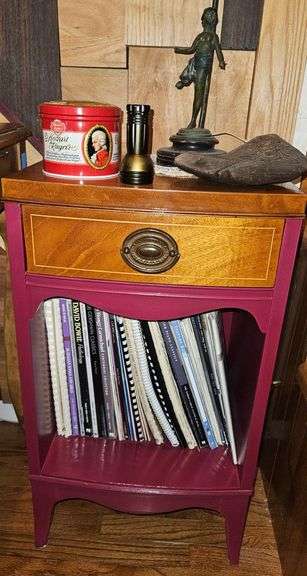 Painted Pink Wood Night Stand with Books and Lamp