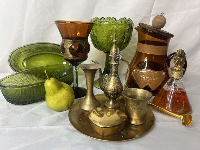 Sangria Pitcher, Brass Tray, Green Glass