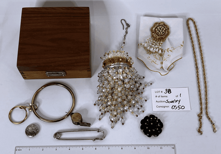 Mixed Lot, Wooden Box, Tea Ball Purse, Hanky, Brooch, Watch Chain