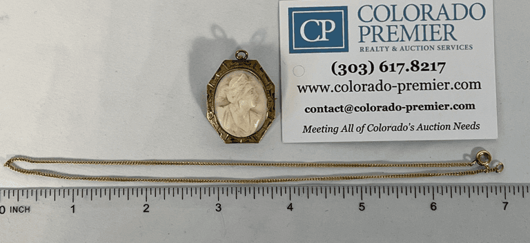 10K Gold, Cameo Brooch, Chain