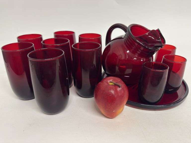 Ruby Glass Pitcher, Glasses, Tray