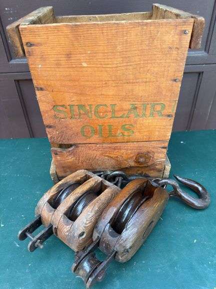 Sinclair Motor Oil, Antique Crate and Wooden Pulleys
