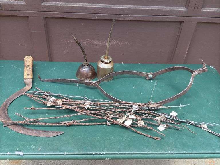 Antique Barbed Wire, Oil Cans and Implements