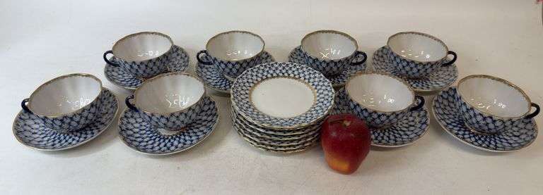 Lomonosov, Russia Porcelain Teacups, Saucers, Dessert Plates