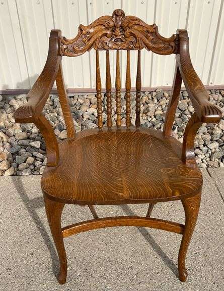 Oak Arm Chair with Carved Man Of the North Back  - No Shipping