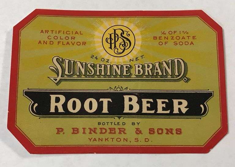 Sunshine Brand Root Beer —  P. Binder & Sons, Yankton S.D. - Soda Bottle Label