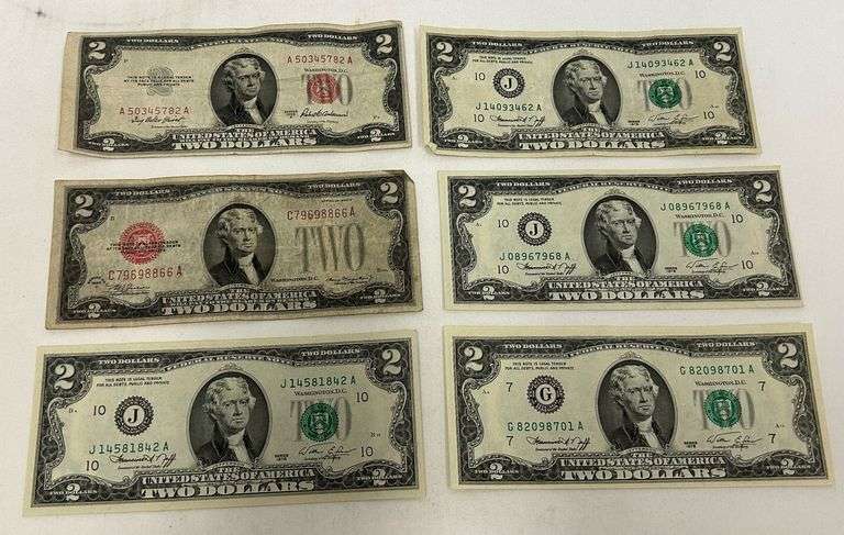 (6) US $2 Notes - Red Seal & Bicentennial