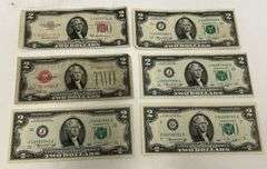 (6) US $2 Notes - Red Seal & Bicentennial
