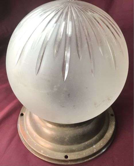 OLD CEILING LIGHT FIXTURE WITH FROSTED ROUND GLOBE WITH DECO DESIGN