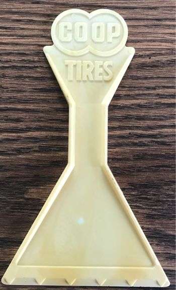 OLD HARD PLASTIC ADVERTISING ICE SCRAPPER WITH “COOP TIRES”