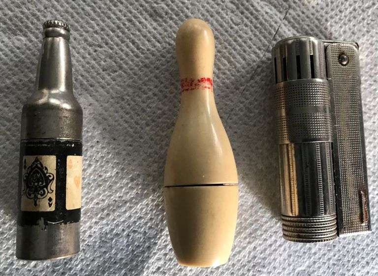 3 OLD CIGARETTE LIGHTERS-BOWLING PIN; METAL BOTTLE AND “IMCO” TRENCH LIGHTER