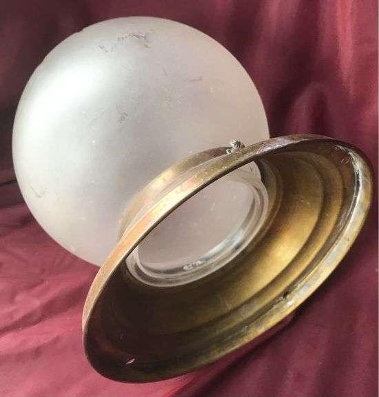 OLD CEILING LIGHT FIXTURE WITH FROSTED ROUND GLOBE WITH DECO DESIGN