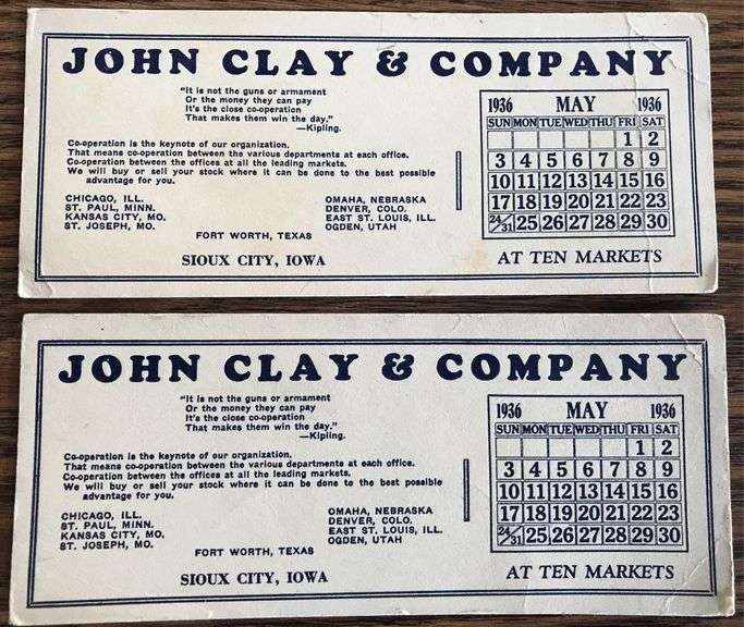 (2) OLD ADVERTISING INK BLOTTERS FROM “JOHN CLAY & CO” SIOUX CITY STOCK YARDS