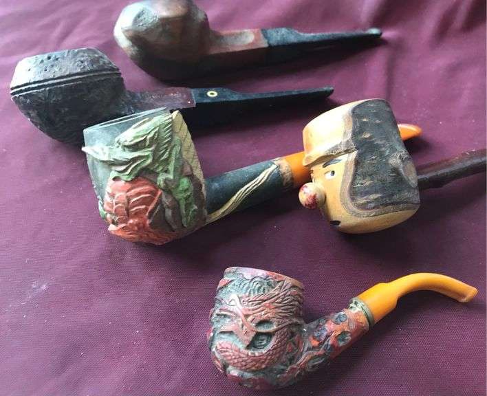 (5) OLD SMOKING PIPES-SOME FANCY FIGURAL-NICE LITTLE COLLECTION