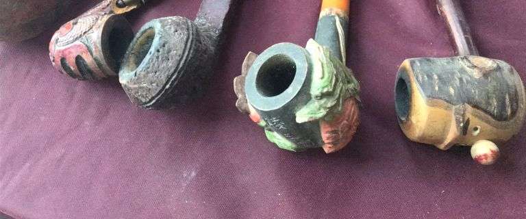 (5) OLD SMOKING PIPES-SOME FANCY FIGURAL-NICE LITTLE COLLECTION