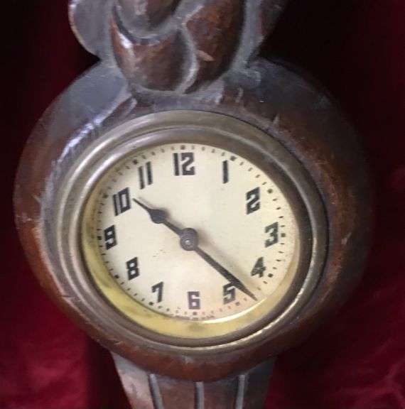 OLD WOOD WALL CLOCK IN AN ART NOUVEAU STYLE-QUITE ODD - 14 INCHES TALL