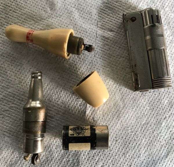 3 OLD CIGARETTE LIGHTERS-BOWLING PIN; METAL BOTTLE AND “IMCO” TRENCH LIGHTER