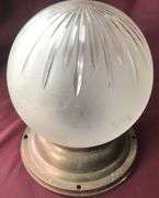 OLD CEILING LIGHT FIXTURE WITH FROSTED ROUND GLOBE WITH DECO DESIGN