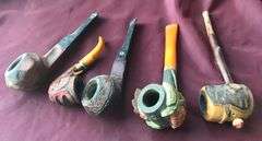 (5) OLD SMOKING PIPES-SOME FANCY FIGURAL-NICE LITTLE COLLECTION