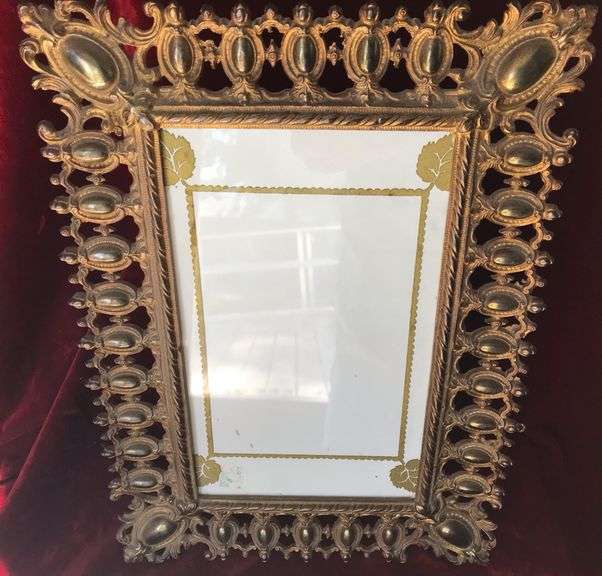ANTIQUE FANCY CAST IRON PICTURE FRAME-BRASS PLATED WITH OLD PATINA-NICE