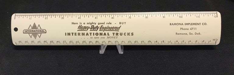 Ramona, South Dakota -“Romona Implement Co. International Trucks” - Metal Ruler