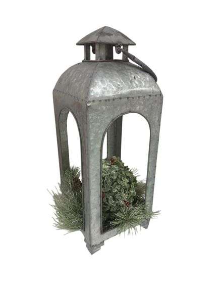 18" Metal/Tin Lantern with Winter Greenery