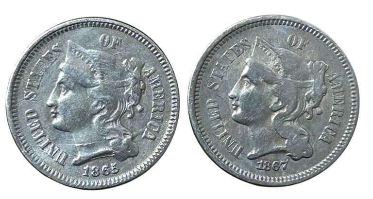 (2x) US Three Cent Nickels - 1865 & 1867