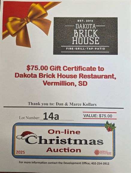 $75 Gift Certiciate to Dakota Brickhouse Grill, Vermillion SD