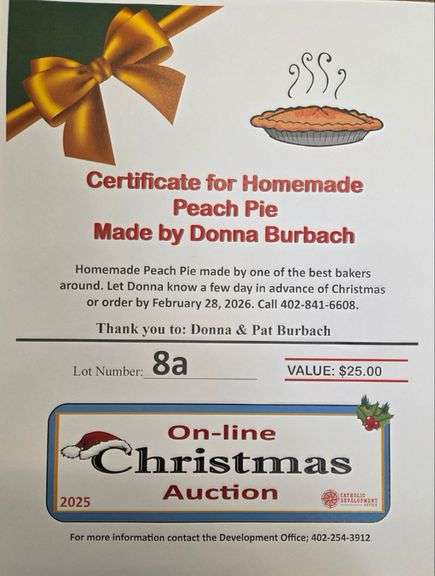 Certificate for Homemade Peach Pie. Made by Donna Burbach.
