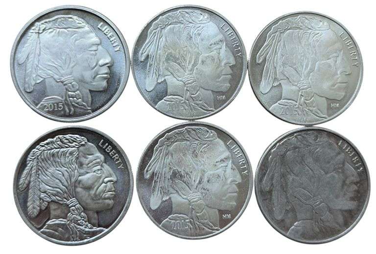 (6x) 1 Oz Fine Silver Bullion Rounds - Indian/Buffalo Design
