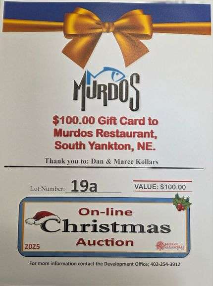 $100 Gift Card to Murdos Restaurant, South Yankton, NE.