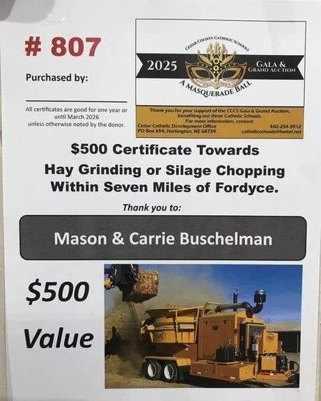 $500 Certificate Toward Hay Grinding or Silage Chopping within Seven Miles of Fordyce