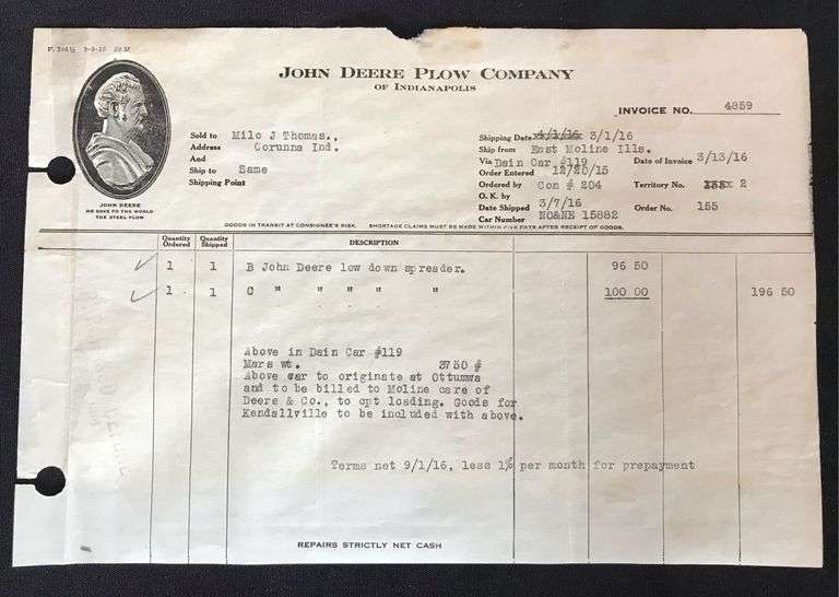 1916 - John Deere Plow Company - Original Invoice for John Deere Spreader