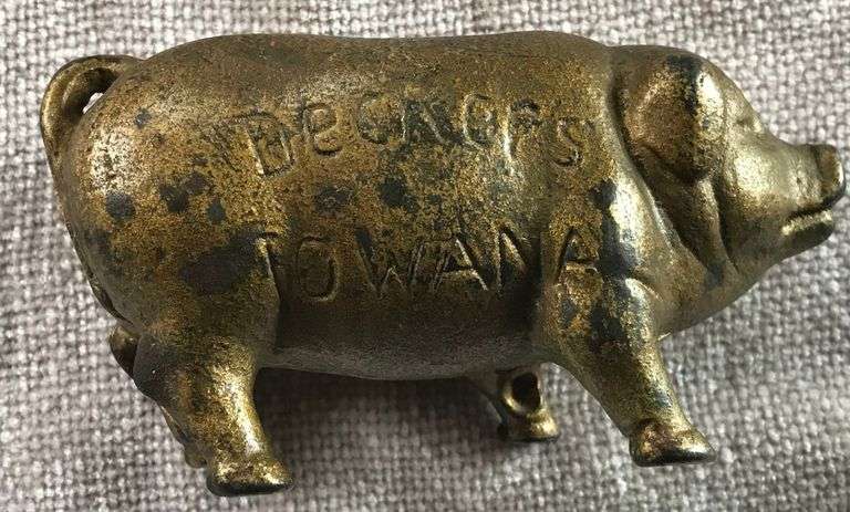 OLD CAST IRON PIGGY BANK WITH “DECKER’S IOWANA” ADVERTISING-NICE