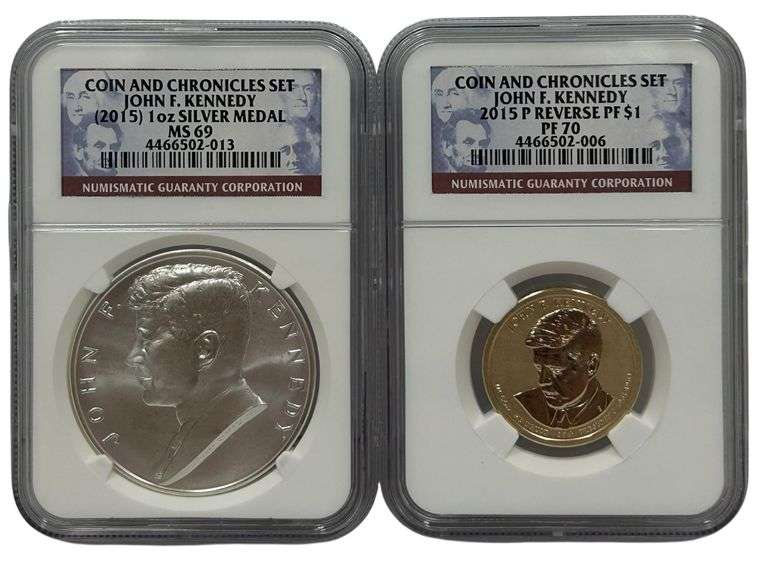 2015 Coin and Chronicles Set – Kennedy $1 Reverse Proof & Kennedy Silver 1 Oz Medal NGC Certified
